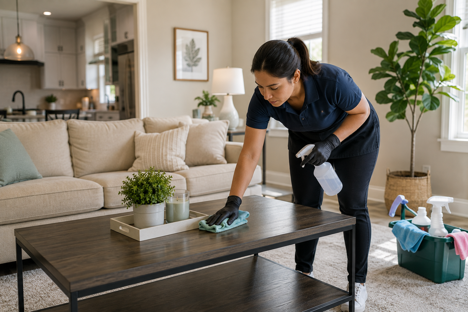 Professional home cleaner working inside a modern residential property