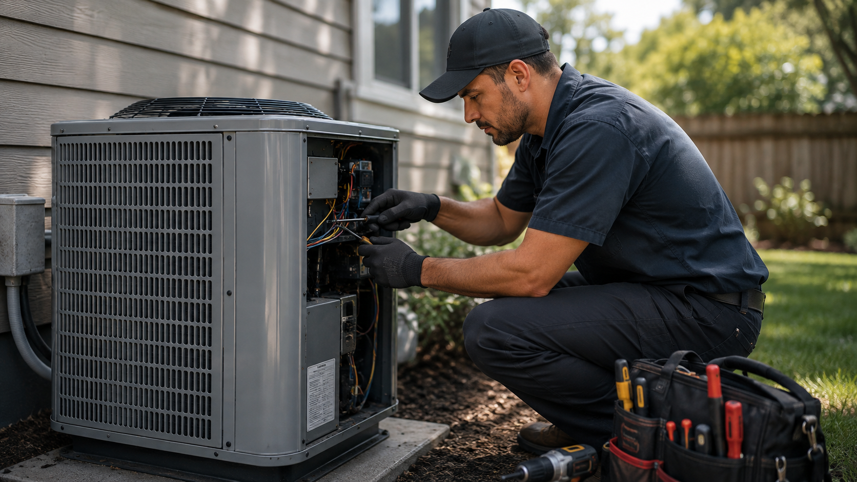 HVAC technician servicing an outdoor air conditioning unit