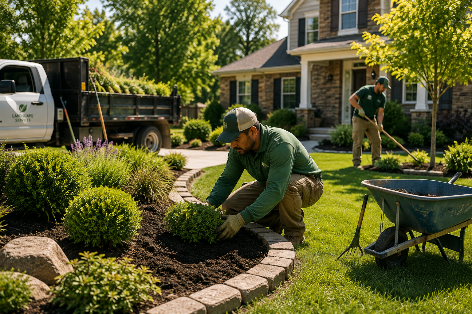 Professional landscaping team working on a residential property